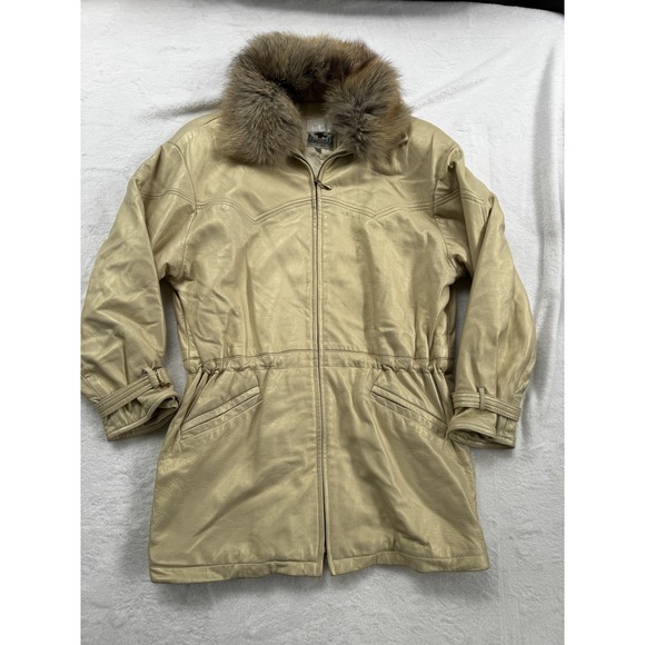 Jackets & Blazers - Vintage Cache Damselle Jacket Womens XS Beige Leather Fur Collar Belted USA 80s